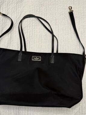 kate spade black nylon diaper bag tote with gold logo plate and changing pad